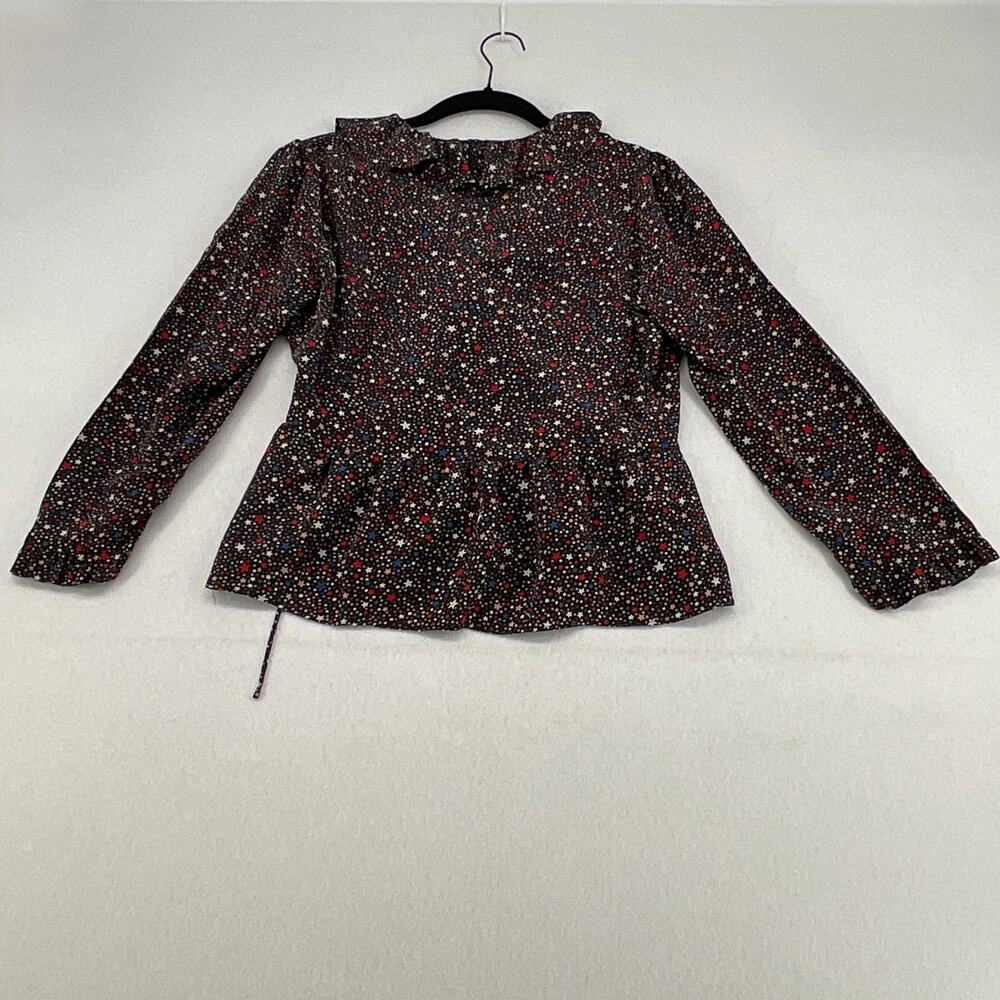 Madewell Black/Star Pattern Long Sleeve V-Neck Blouse w/ Ruffle Trim Women's M - Picture 5 of 10